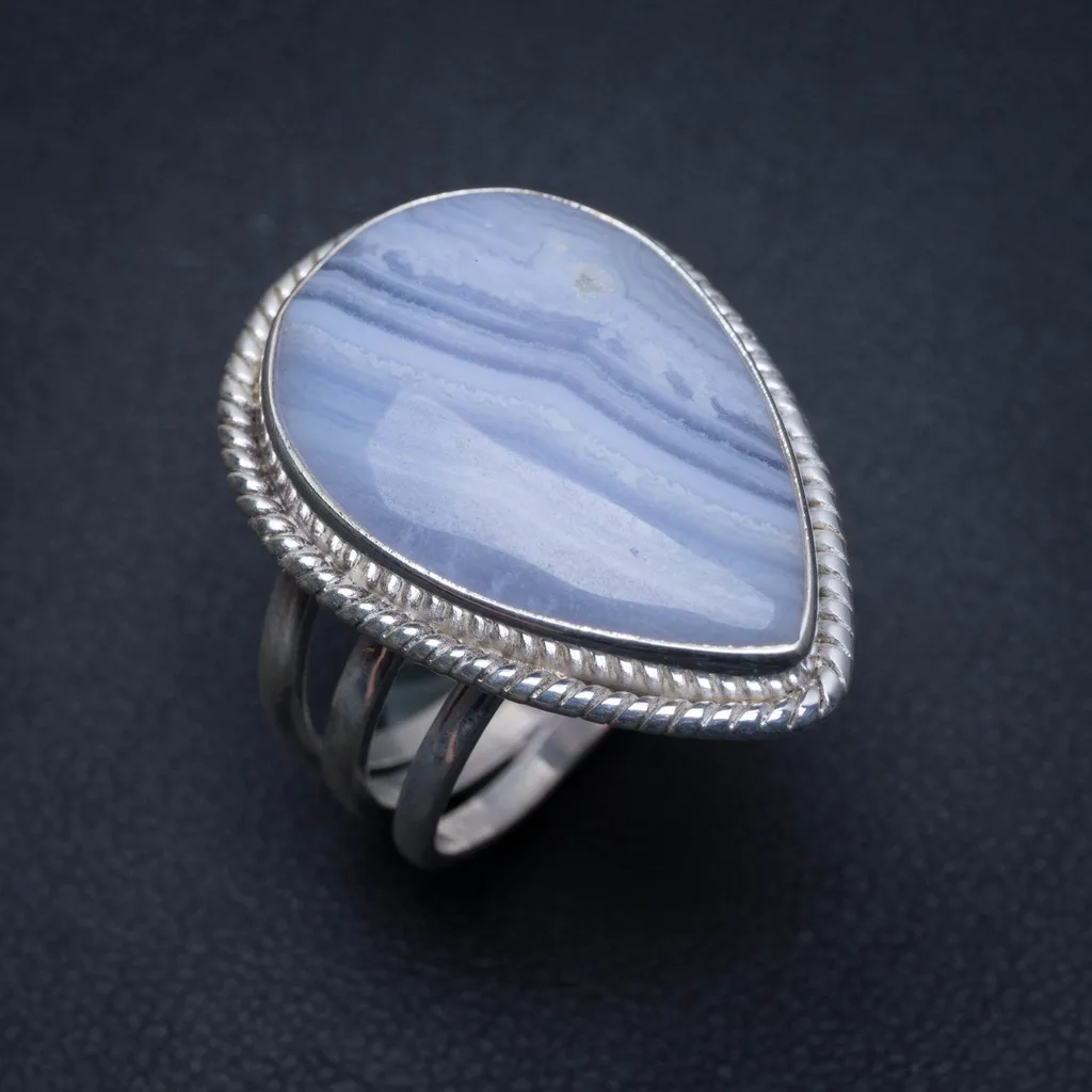 

Natural Blue Lace Agate Handmade Boho 925 Sterling Silver Ring, US Size 7.5 S2533