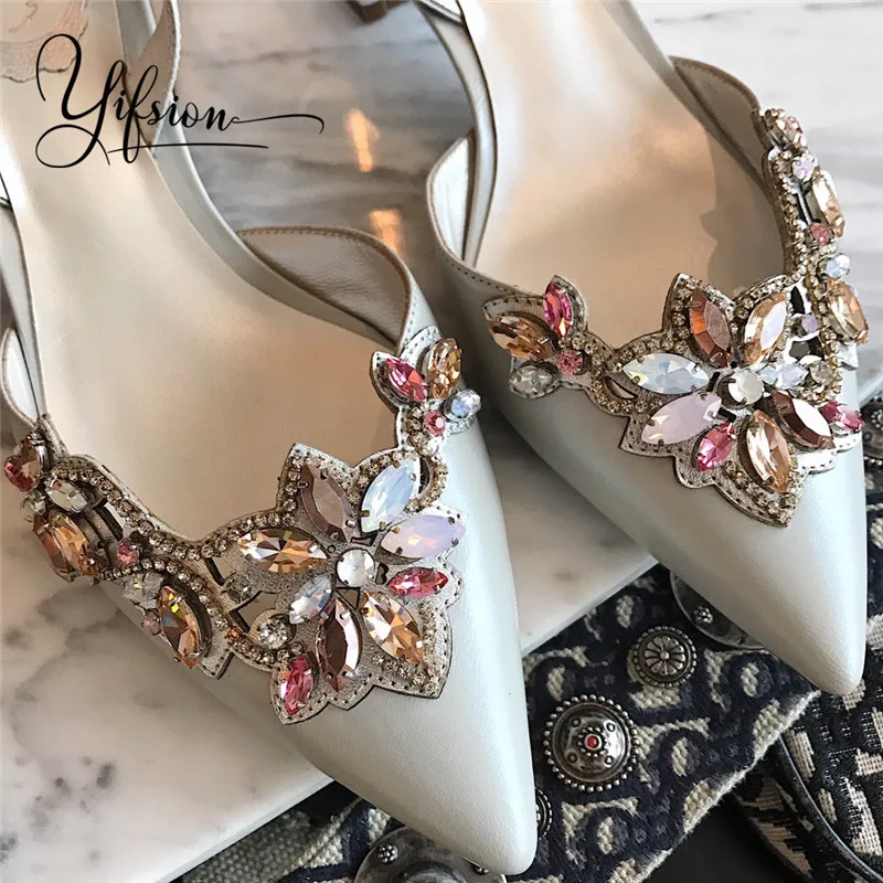 

OLOME New Genuine Leather Women Summer Sandals Sexy Pointed Toe Buckle Strap Crystal Thin Mid Heel Sandals Party Shoes Woman