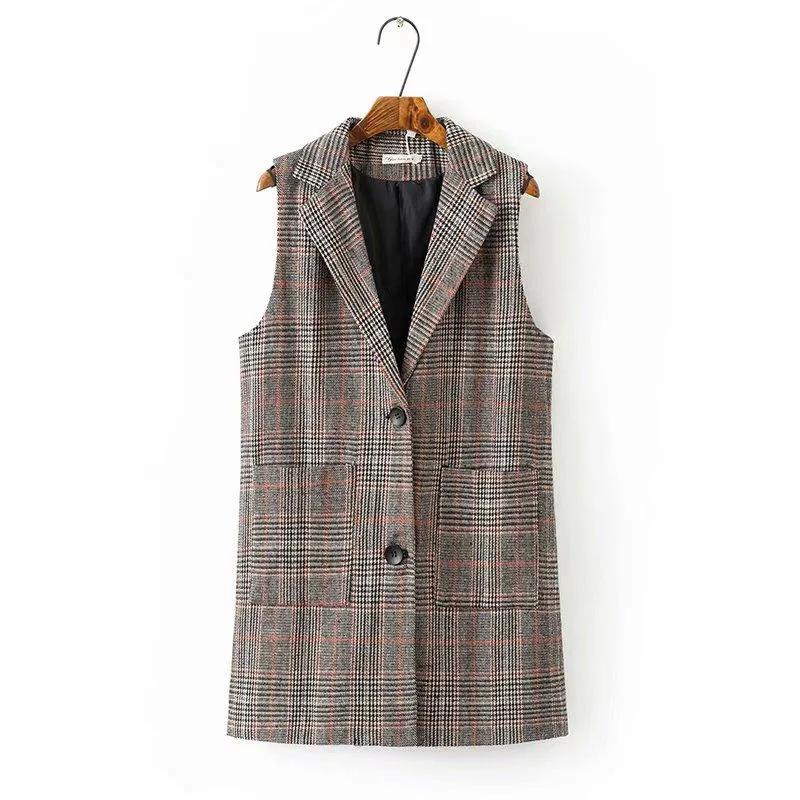 

2019 Spring Autumn Plaid Blazer Vest Jacket Women Casual Sleeveless Pockets Coat Waistcoat Female Single Breasted Outwears M45