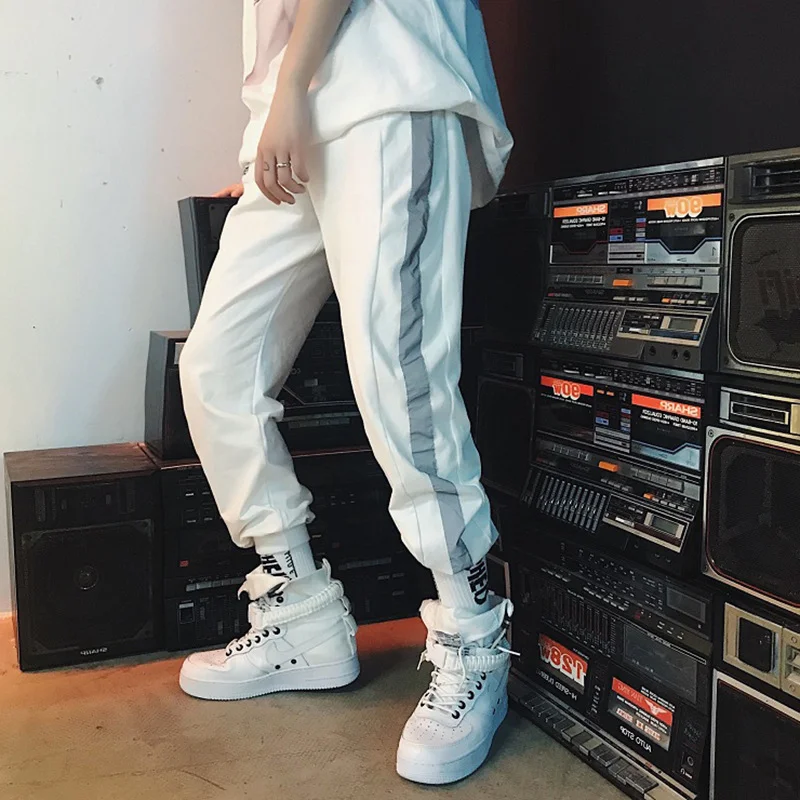 HOUZHOU 2019 New Reflective Pants Women Hip Hop Sweatpants Loose Side Striped Trousers Joggers Streetwear High Waist Female Punk HOUZHOU 2019 New Reflective Pants Women Hip Hop Sweatpants Loose Side Striped Trousers Joggers Streetwear High Waist Female Punk