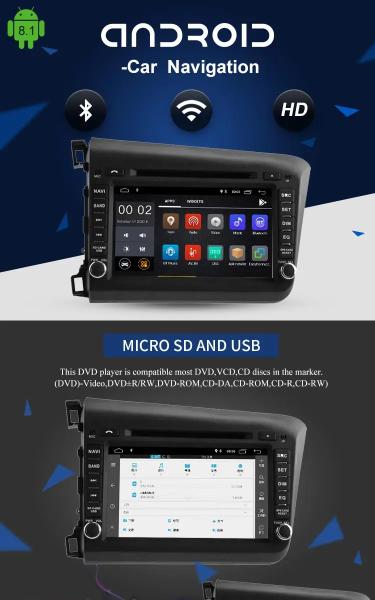 Clearance LJHANG 8 inch Android 8.1 Car DVD Player 2 Din For Honda Civic 2012-2015 2016 GPS Navigation Radio WIFI Multimedia Stereo Audio 1