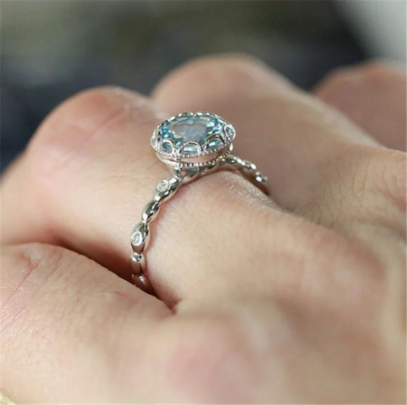 Персонализированные кристаллы обручальные кольца для женщин с AAA кубическим цирконием серебряного цвета палец аквамарин драгоценный камень серебро 925 кольцо