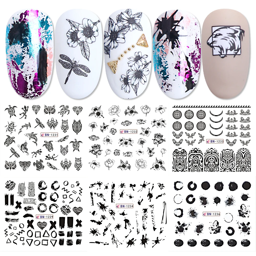 

12pcs Water Stickers for Nails Animals Geo Black Graffiti Drawing Rose Pattern Totem Wraps Nail Art Decorations BEBN1225-1236