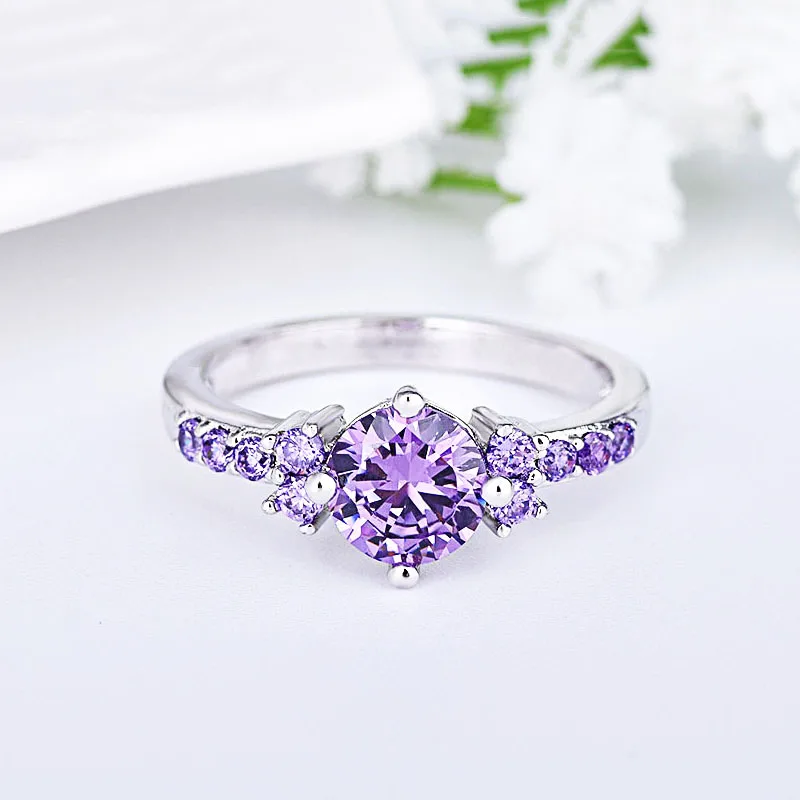 

Sale 1PC Round Zircon Purple Crystal Titanium Steel Claws Inlaid Engagement Rings Fashion Jewelry