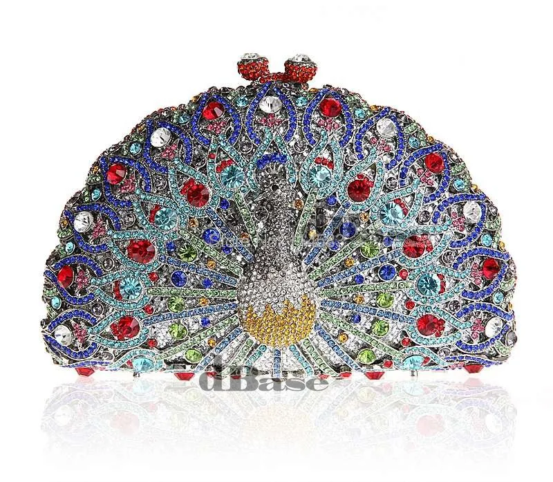 

8105TU Multi-color Crystal Peacock Animal Bird Wedding Bridal Party Night hollow Metal Evening purse clutch bag handbag
