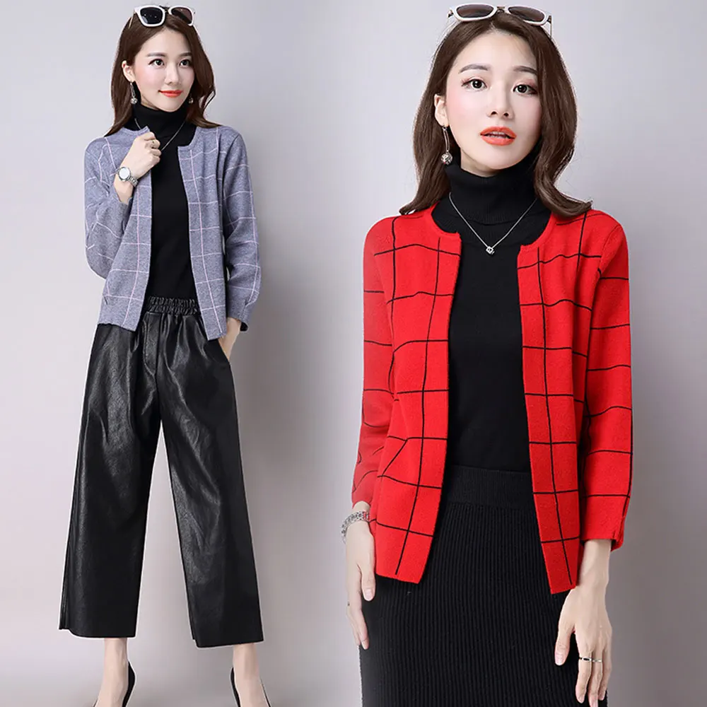 

2019 cashmere sweater women knit plaid open front crew neck long sleeve wool sweaters jacket Soft Coat kardigany loose Cardigan