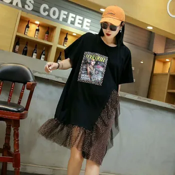 

2019 summer new tide brand large size women's patch printing long loose head short sleeve irregular dress