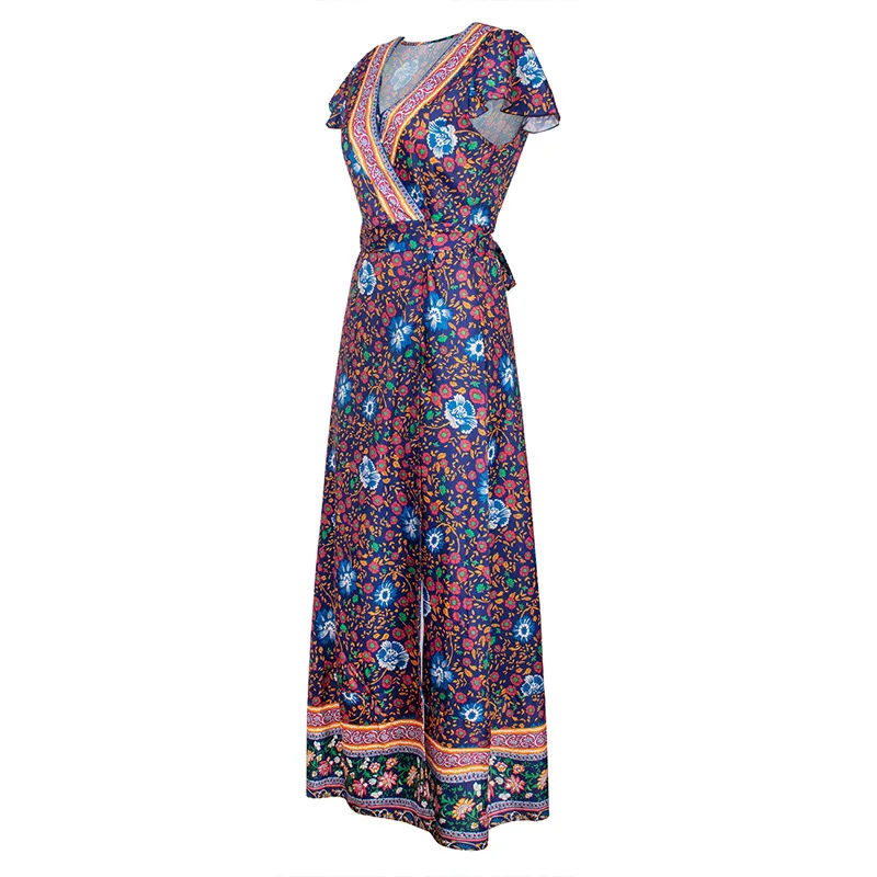 Повседневное женское летнее платье Behemian,, сексуальное, с цветочным принтом, макси платье, Несимметричное, с поясом, длинное, бохо, Vestidos, шифоновое, винтажное платье