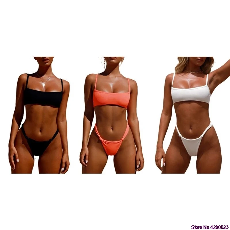 

Women Sexy Two Piece Bikini Set Ribbed Vertical Stripes Solid Color Swimsuit Square Neck Push Up Crop Top Low Waist Knotted Wais