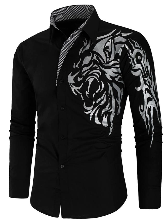Check Panel Tiger Print Button Up Shirt Autumn Printed Shirt Men Long