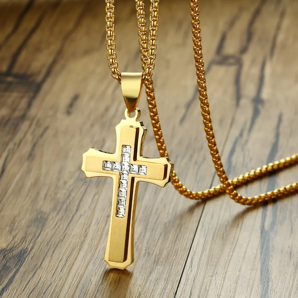 

Men's Stainless Steel Cubic Zirconia Stone Double Layer Flared Cross Pendant Necklace for Men West Coast Male Jewelry 24 inch