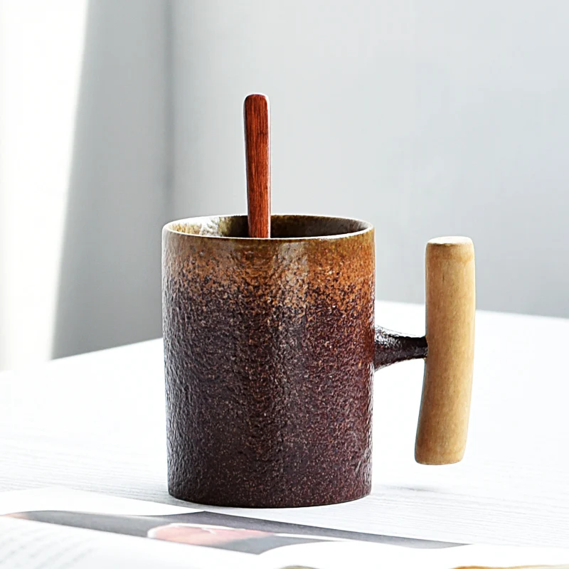 Винтажная керамическая грубая керамическая кружка, ржавчина, глазурь с деревянной ручкой, чашка для чая, молока, кофе, деревянная ложка, вода, Офисная посуда для напитков - Цвет: see chart
