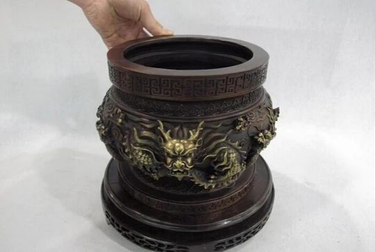 

B0601 427 Royal Palace Pure Red Bronze Copper Six Dragon Bowl Basin Censer incense burner statue