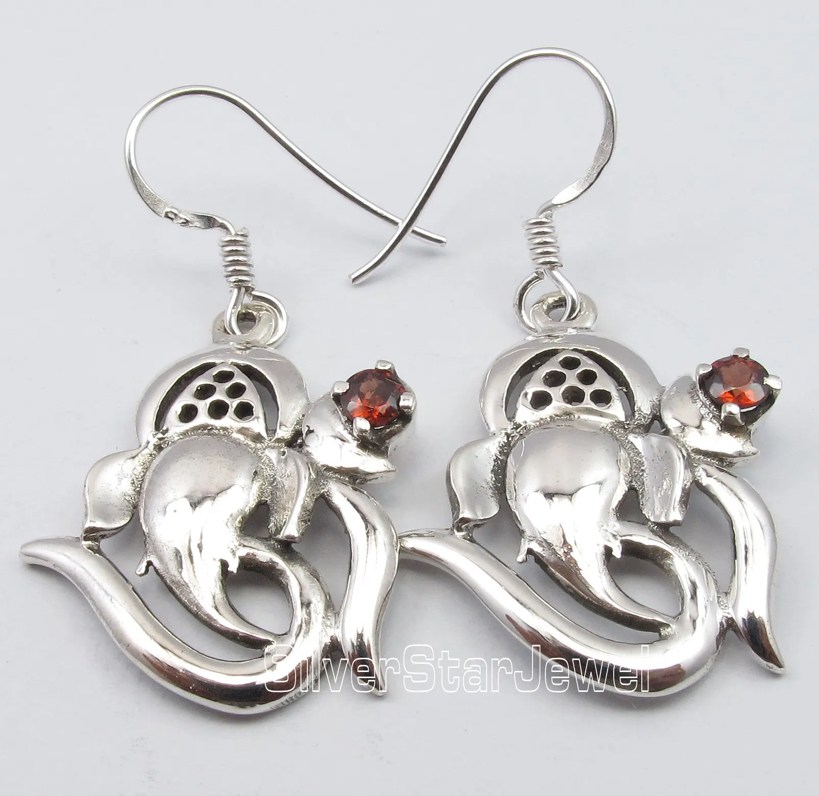 

Chanti International Pure Silver Dazzling RED GARNET WELL MADE Aum Ganesha Prayer Earrings 3.8 CM