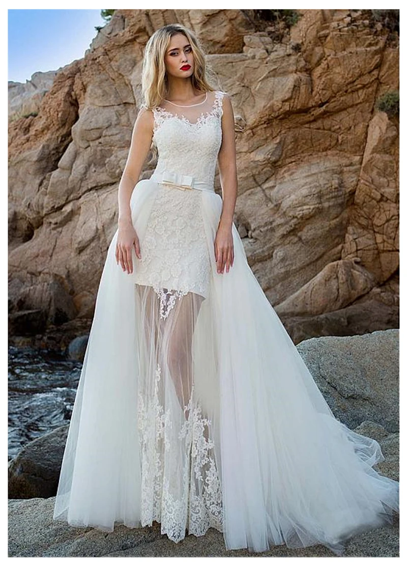 LORIE Новое пляжное свадебное платье принцессы, кружевное платье невесты с аппликацией, свадебное платье со съемным шлейфом без рукавов, платье невесты