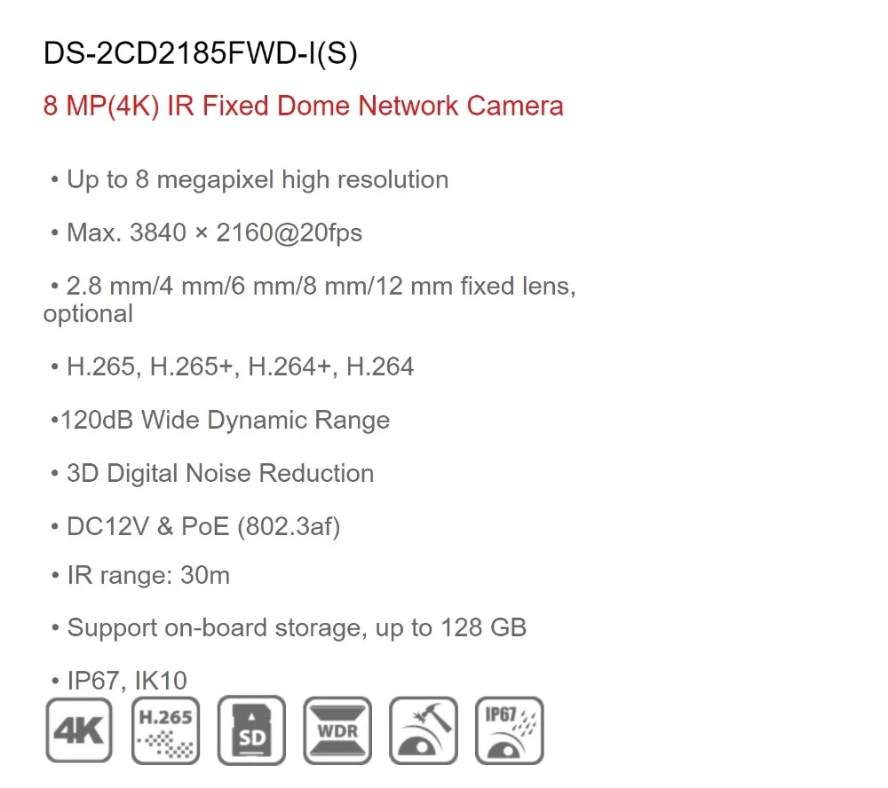 Hikvision 8MP POE IP камера DS-2CD2185FWD-I Открытый 4 к сети купольная камера безопасности CCTV sd-карта 30 м IR H.265