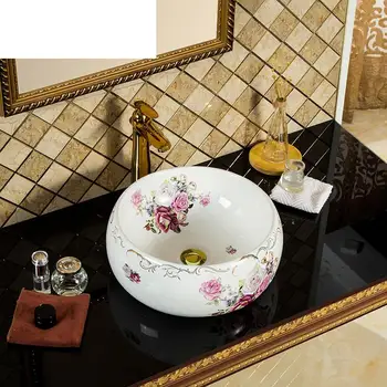 

Round Jingdezhen Bathroom ceramic sink wash basin Counter Top Wash Basin Bathroom Sinks ceramic wash basin sinks rose pattern