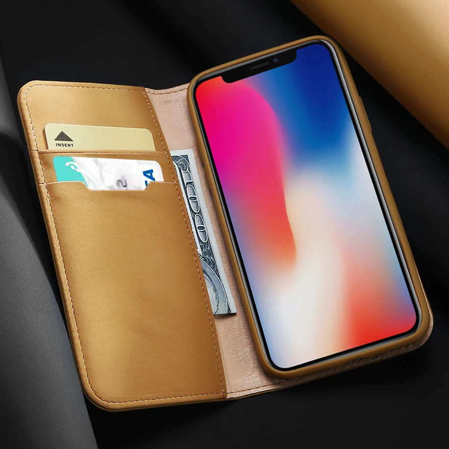 

Genuine Leather Flip Wallet Case For iPhone XS max XR X 8 7 6s Plus Soft Bumper Cowhide Kickstand Cover Card Slot Stand Bag