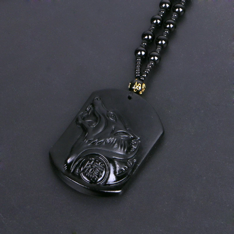 JAVRICK Black Obsidian Wolf Necklace Carving Wolf Head Amulet Pendant With Chain Obsidian Blessing Lucky Pendants Jewelry NEW