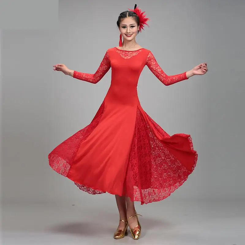 

2019 New Adult Modern Dance Dress For Women Stage Dancing Ballroom Waltz Tango Spanish Flamenco Costumes Lace Standard Dresses