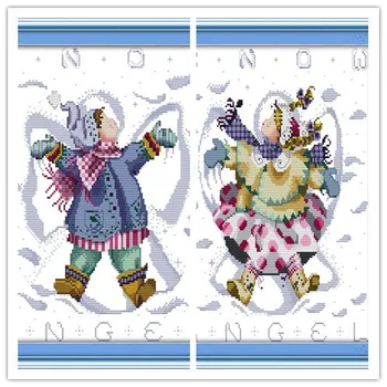 

The Girl&Boy Play in The Snow DMC Cross Stitch Fabric 14CT 11CT DIY Needlework Counted Cross Stitch Kits for Embroidery Cross