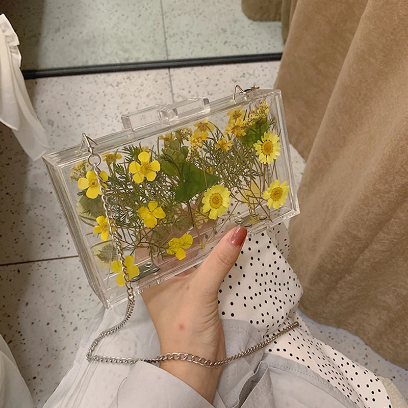 

Female Flower Transparent Box Bag Summer New Quality PVC Women's Designer Handbag Lock Pearl Ladies Shoulder Messenger Bags