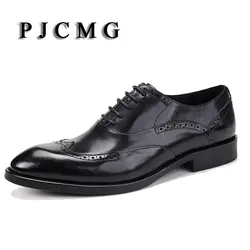 Pjcmg Мода Высокое качество size37-44 Бизнес Формальные Кружево на шнуровке острый носок Пояса из натуральной кожи резные плоские свадебное