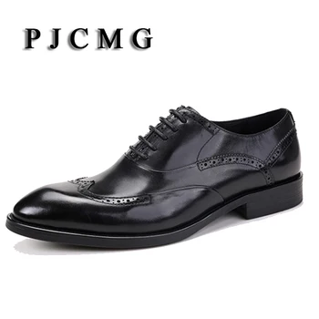 

PJCMG Fashion High Quality Size37-44 Business Formal Lace-Up Pointed Toe Genuine Leather Carved Flat Dress Wedding Man Shoes