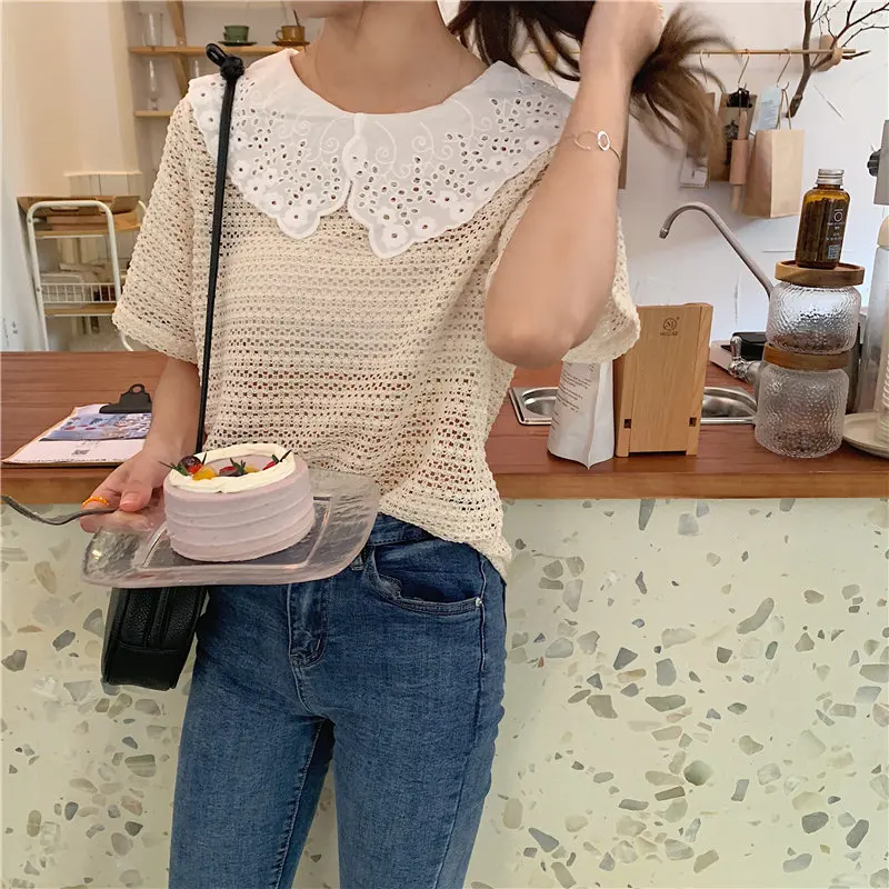 

Alien Kitty 2019 Fashion Thin Summer Hollow Out Sweet Embroidery Patchwork Lace Loose Short Sleeves Fresh Casual Female Shirts