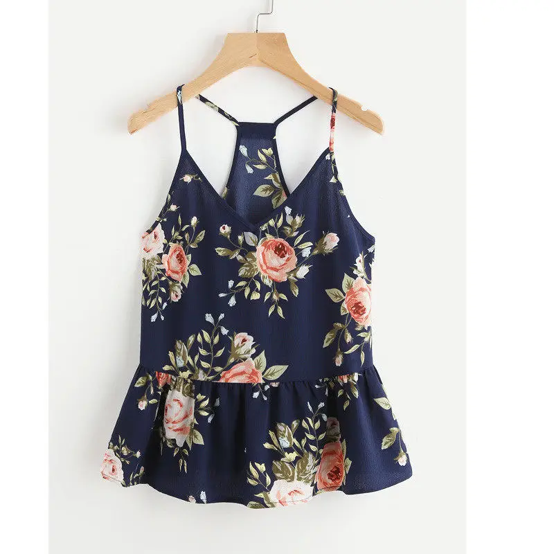 Женские топы с цветочным принтом, сексуальные, лето, топы на бретелях, v-образный вырез, открытая спина, оборки, повседневные топы для женщин, Новое поступление, сексуальный топ - Цвет: Черный