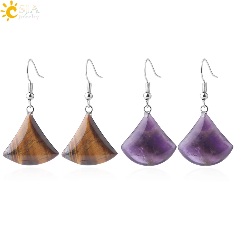 

CSJA 2019 Natural Stone Drop Earrings for Women Small Fan-shaped Earring Purple Pink Quartz Lapis Lazuli Crystal Tiger Eye F828