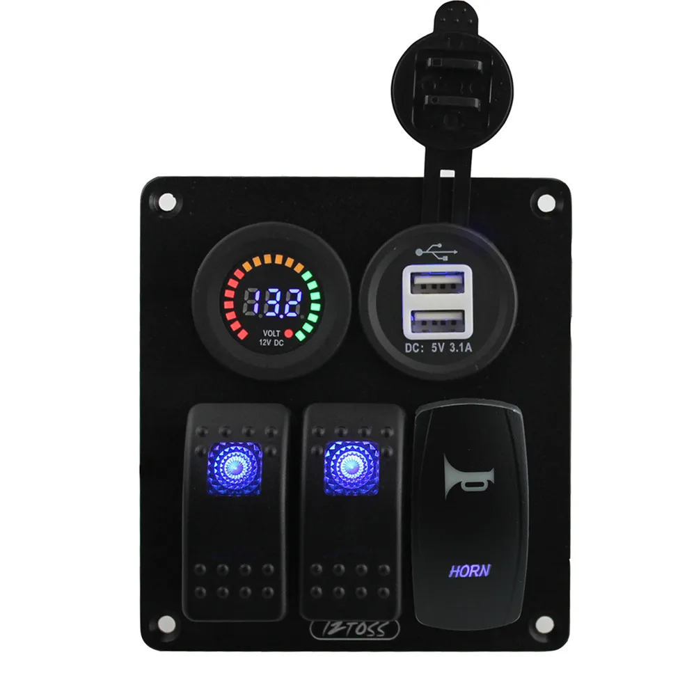 5 pin Blue led 3 gang rocker switch panel horn switch 3.1 A dual USB voltmeter Sticker Labels