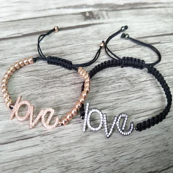 

5Pcs Micro Pave CZ "LOVE" character Connector Charm & Round Beads Bracelet Braided Macrame handcraft Jewelry Xmas Gift BG116
