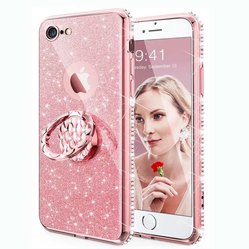 

For IPhone Case 7 Luxury 360 Degree Metal Ring Kickstand Phone Housing Diamond Case I7 Glitter Cover For iphone 7 Case Ring Red