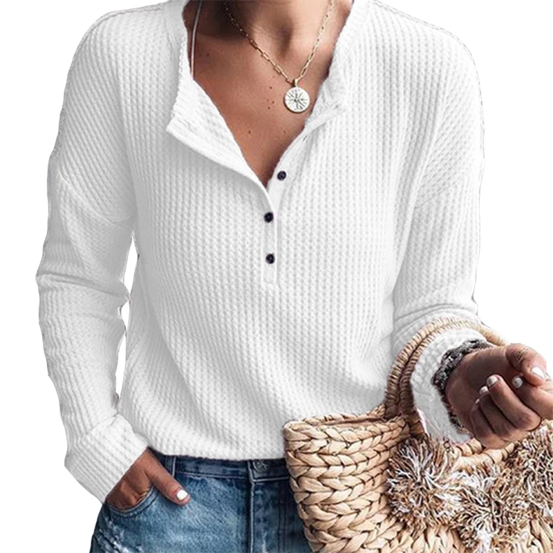 

Autumn Winter V-Neck T-shirts Long Sleeve Buttons Shirts Knitted Women Tops Plus Size Solid Knitwear Casual Knit Tee Basic M0104