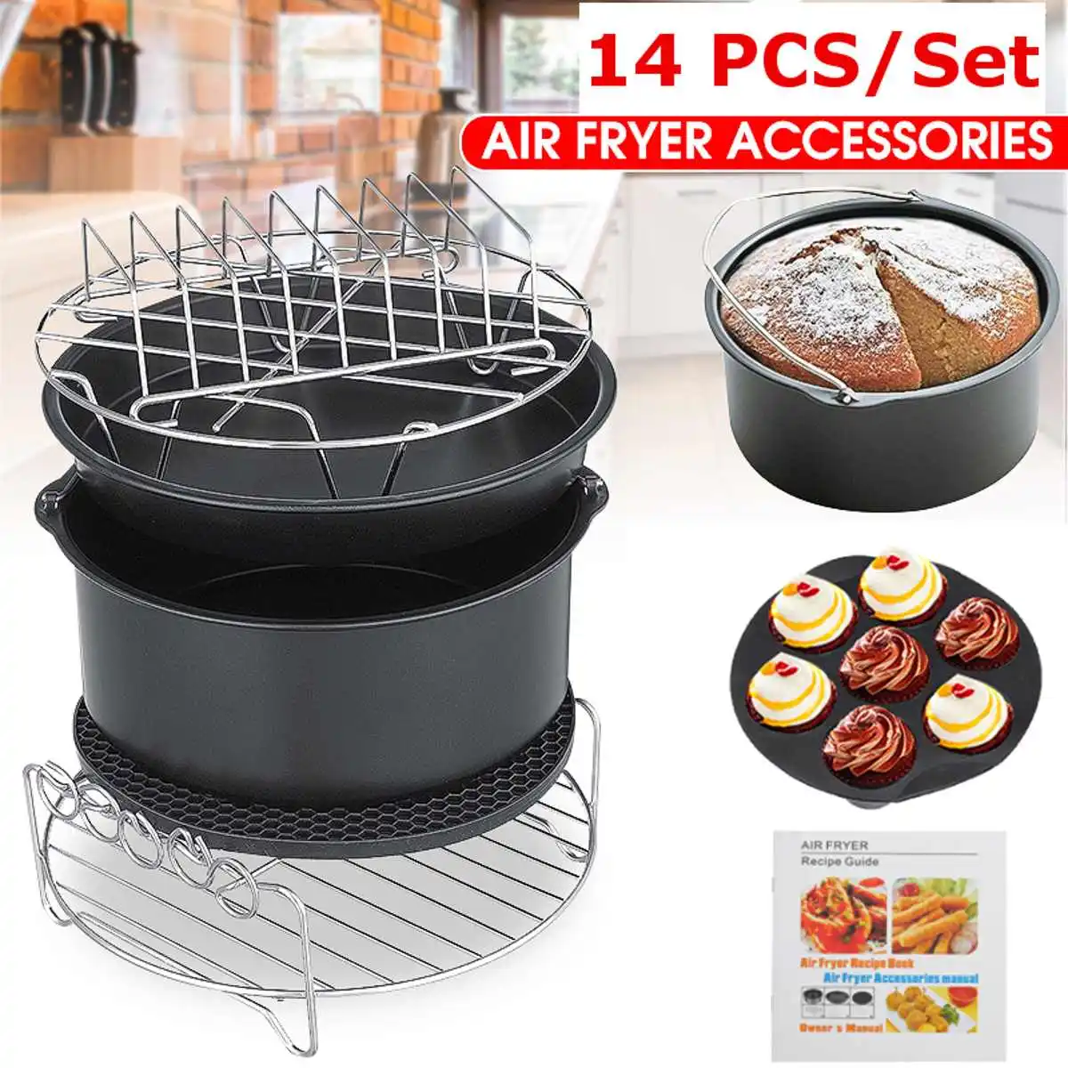 

14pc/set Universal Air Fryer Accessories Fit Air fryer 5.3QT to 6.8QT High Quality Deep Fryer Cake Barrel Pizza Pan Mat Skewer