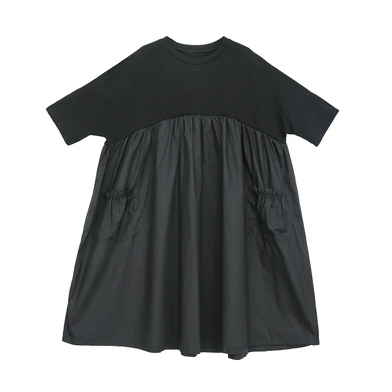 [EAM] Новое весенне-летнее черное Плиссированное свободное платье большого размера с круглым вырезом и коротким рукавом JT602 - Цвет: black