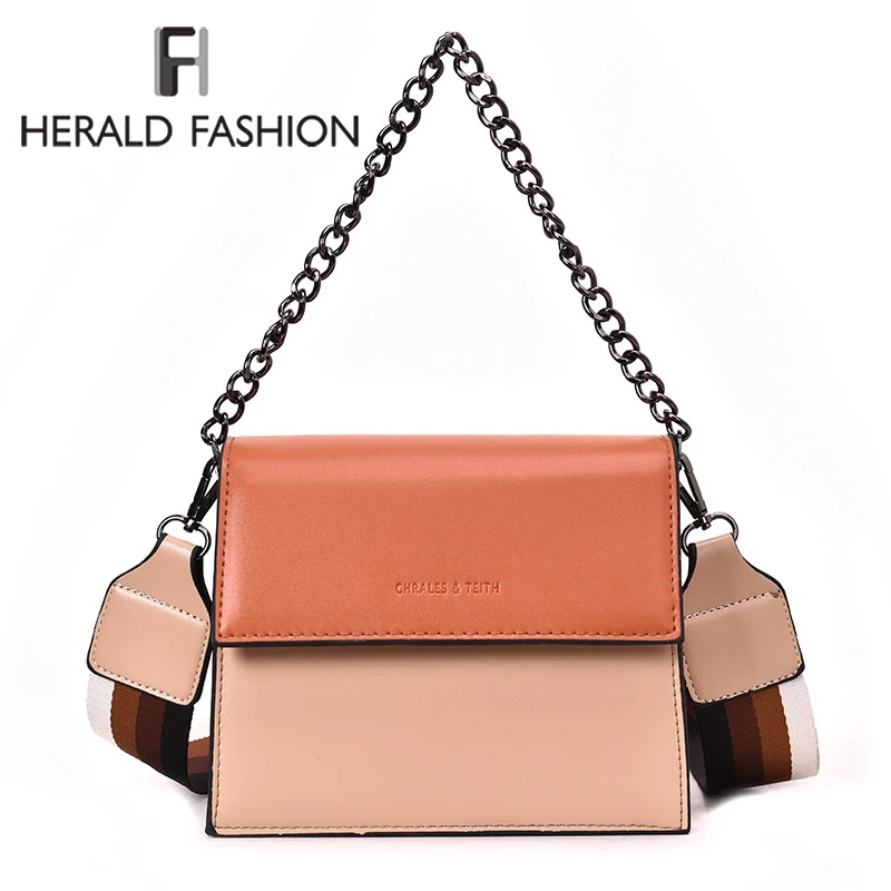 

Herald Fashion Women Patchwork Leather Chain Bags Quality Leather Wide Strap Female Shoulder Bag Vintage Ladies' Messenger Bag