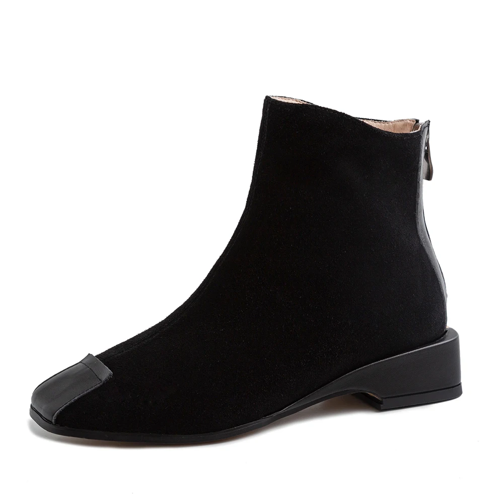 

RIBETRINI Fashion Brand Design Square Toe Cow Suede Leather Chunky Heels Slip On Boots Woman Shoes Women Ankle Boots Shoes Woman