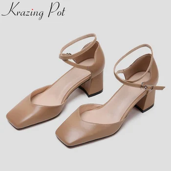 

Hot selling genuine leather buckle strap square toe hollow women pumps square toe thick high heels office lady dress shoes L17