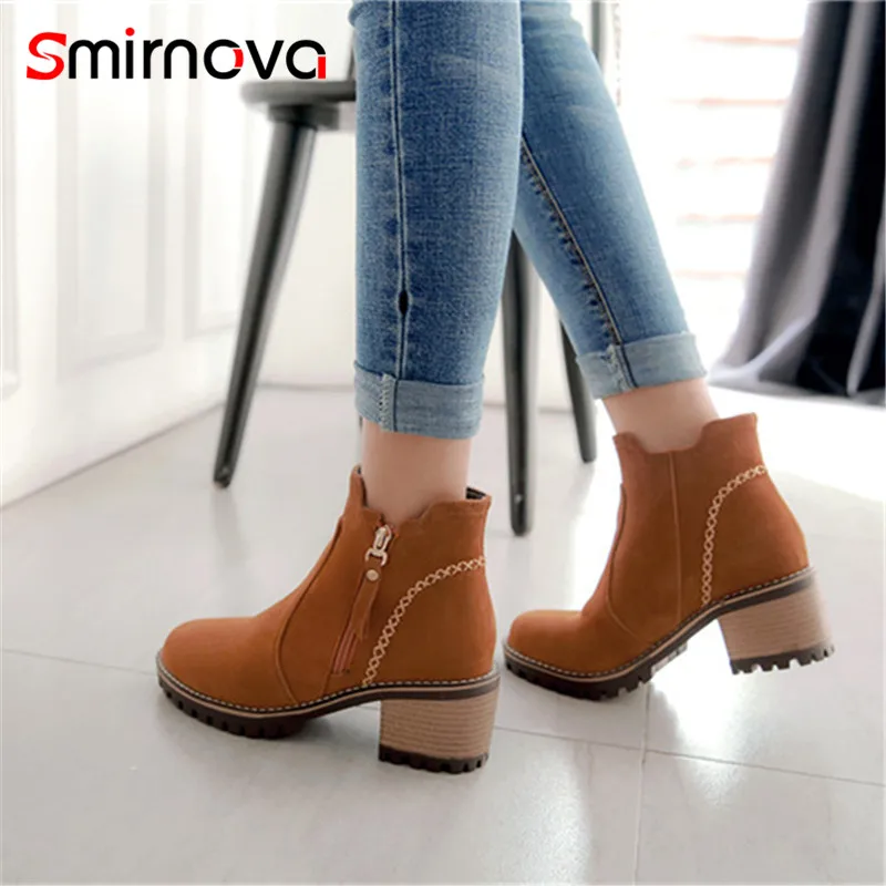 

Smirnova HOT SALE boots 2020 new big size 33-43 woman boots high heel zipper flock ladies ankle boots winter shoes black
