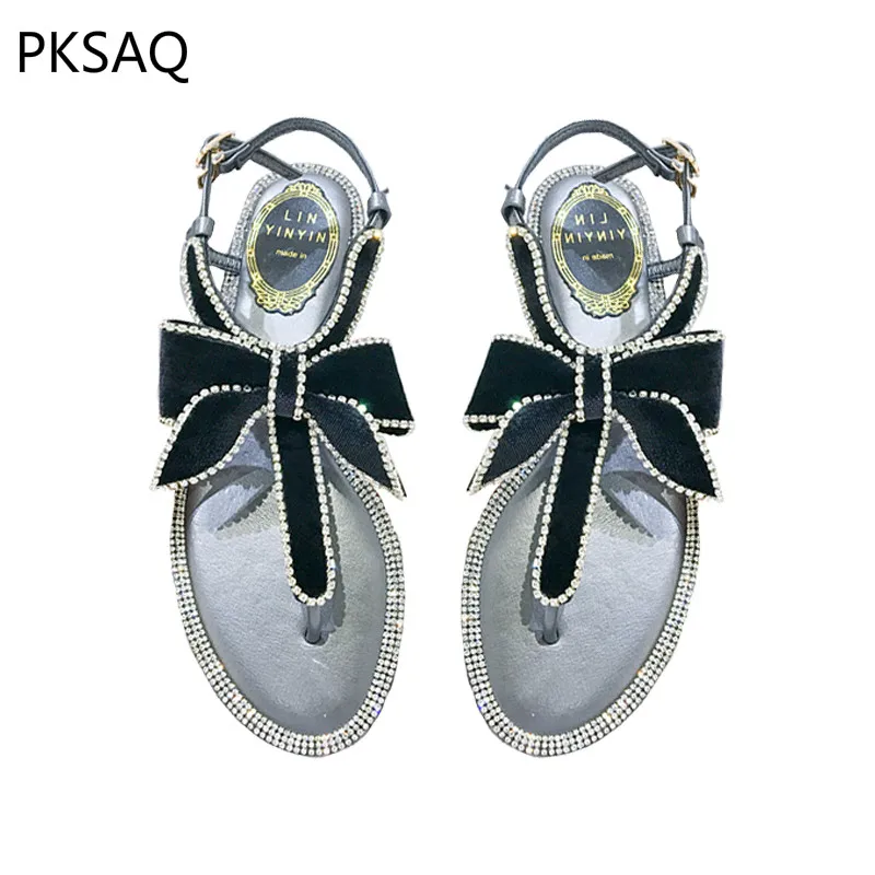 New Summer Women Sandals Elegant Velvet Bow Shoes Ladies Sweet Crystal Shoes Outdoor Beach Shoes