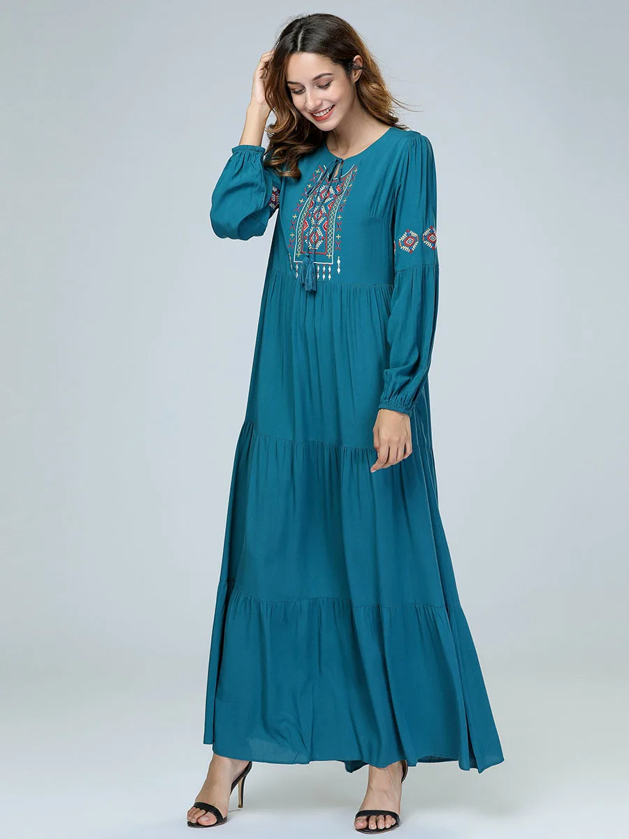 Элегантный Вышивка Цветочные длинное платье макси Абаи Длинные Платья Туника кимоно свободный халат платья мусульманская Ближнем Востоке
