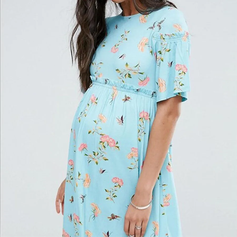 New Ties Waist Floral Printed Linen Maternity Dress Summer Autumn Fashion Nursing Clothes for Pregnant Women Pregnancy Clothing (2)