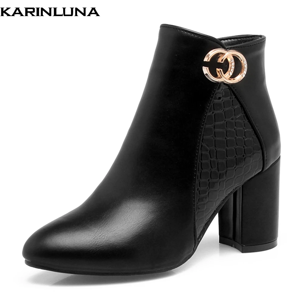 

KarinLuna 2019 brand new Metal Decoration big Size 43 High Heel Add Fur Winter Shoes Woman elegant Lady Ankle Boots Woman