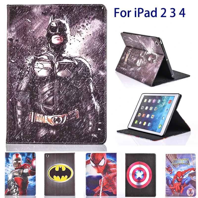 Супер герой чехол для iPad 2/3/4 Чехол Горячая Мультфильм Супермен, человек паук человек Бэтмен стойки сальто из искусственной кожи Чехол Smart