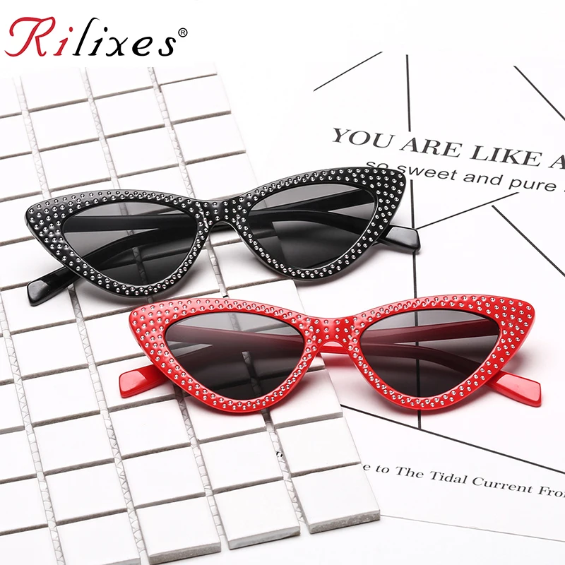 

RILIXES 2018 New Cute Sexy Classic Cat Eye Sunglasses Women Black White Triangle Vintage Cheap Sun Glasses Female UV400