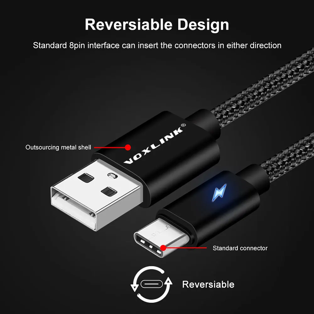 VOXLINK usb type C кабель 2.4A USB C кабель передачи данных для быстрой зарядки для MacBook Xiaomi Mi4C Mi5 Oneplus 2 huawei Letv usb type-c кабель - Цвет: Черный