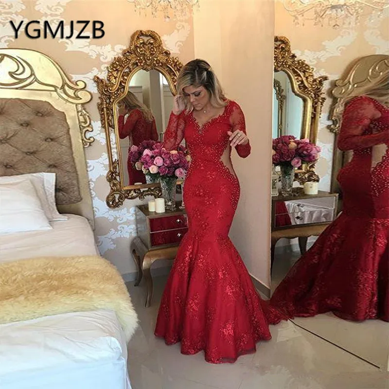 red long prom dresses 2019 mermaid long sleeves