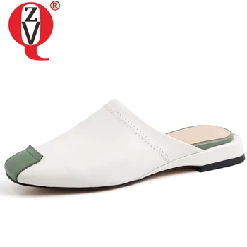 

ZVQ fashion genuine cow leather woman slippers green brown mixed colors mules flat shoes outside slides irl soft sandals
